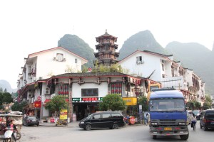Clouds over a downtown street in Yangshuo